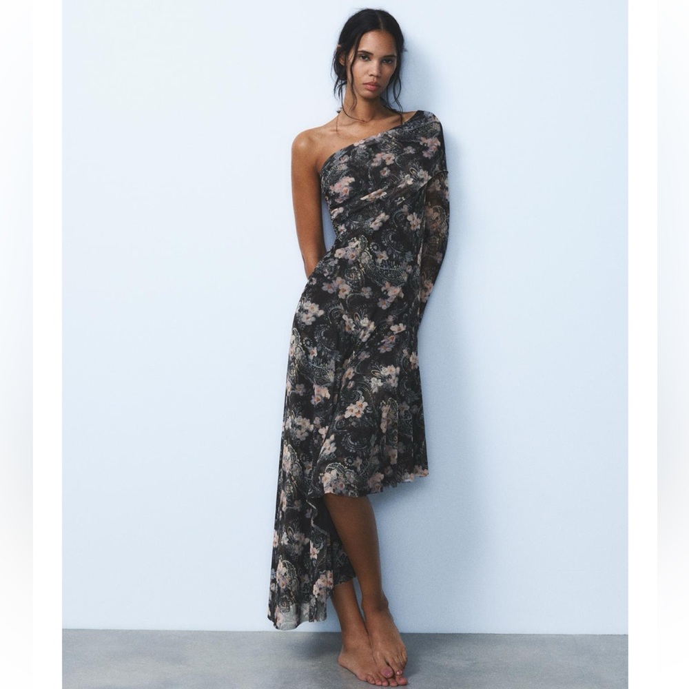 ZARA ASYMMETRIC PRINTED TULLE DRESS